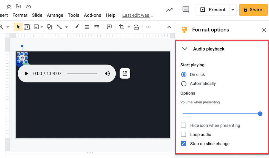 Format Google Slides Audio Options