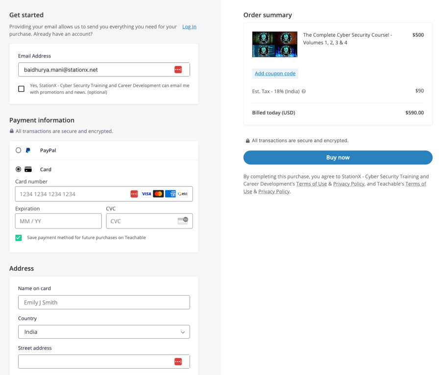 Sample checkout page on Teachable