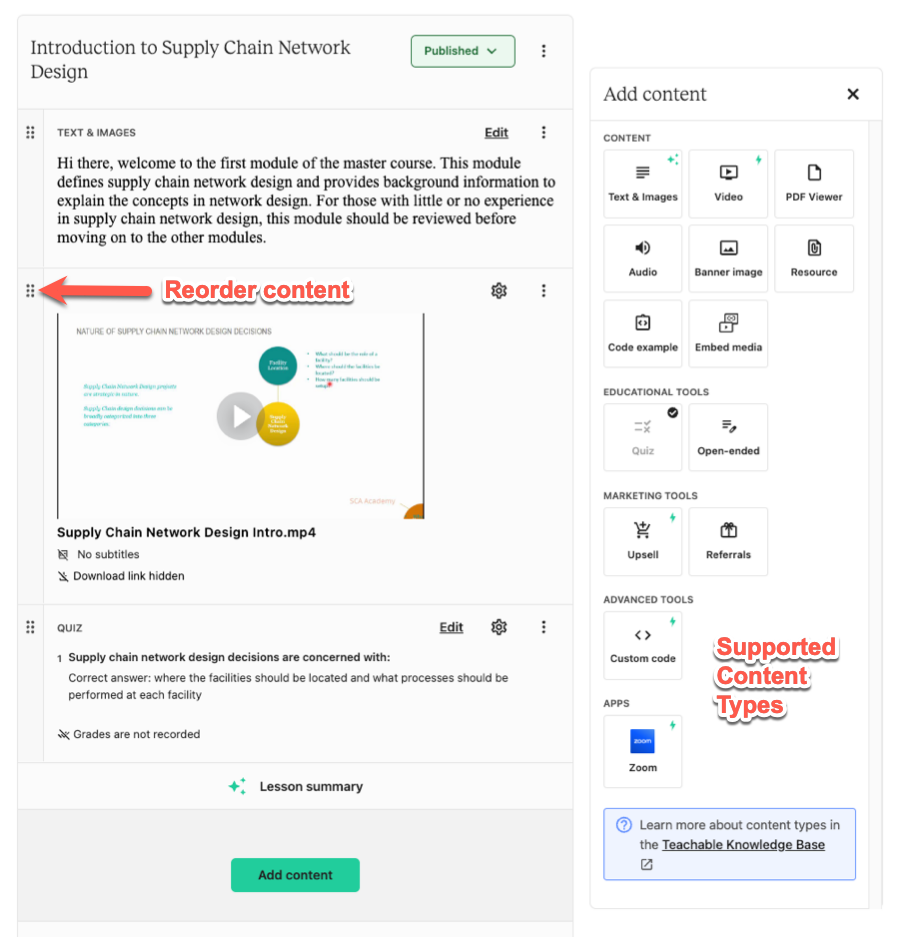 Teachable's lesson editor