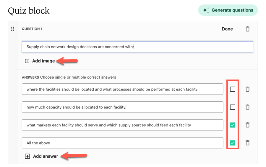 Adding a quiz question in Teachable