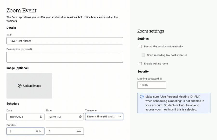 Creating a Zoom event in Teachable