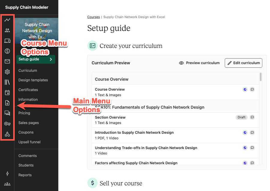 Teachable's course menu options